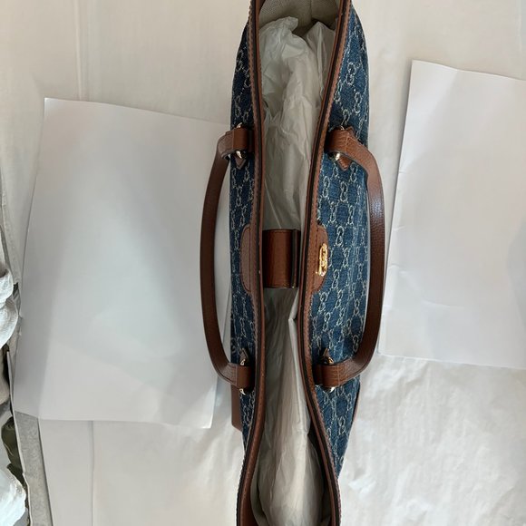 Gucci Ophidia GG Jacquard Denim Blue Brown Tote Bag Italy Leather Handbag New - Picture 14 of 15